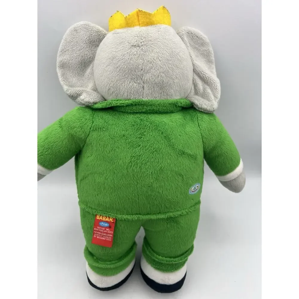 Vintage Babar Elephant Plush Doll Green Suit Crown Stuffed Animal Toy 14in